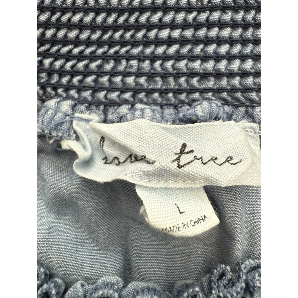 Love Tree Romper Womens Large Blue Chambray Smocked Off Shoulder Flutter Sleeve